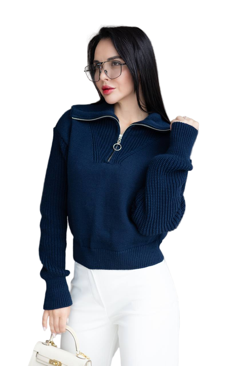 Womens Navy Blue Zip Collar Wool Blend Sweater Autumn Knit Pullover