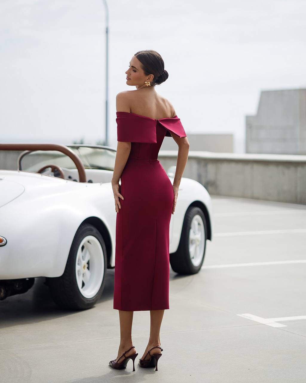 Elegant Burgundy Off Shoulder Midi Dress with Corset Detail