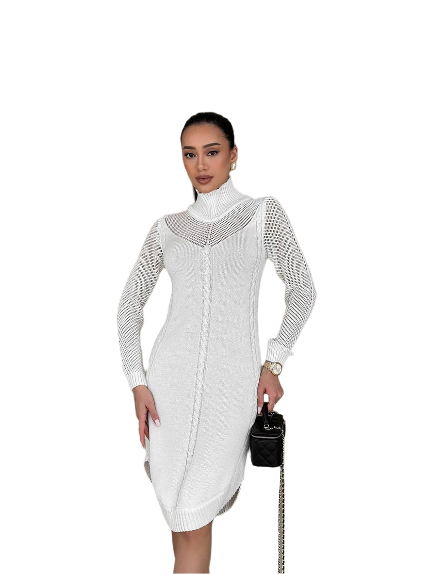 Woman wearing a white knit dress with a black handbag on a white background
