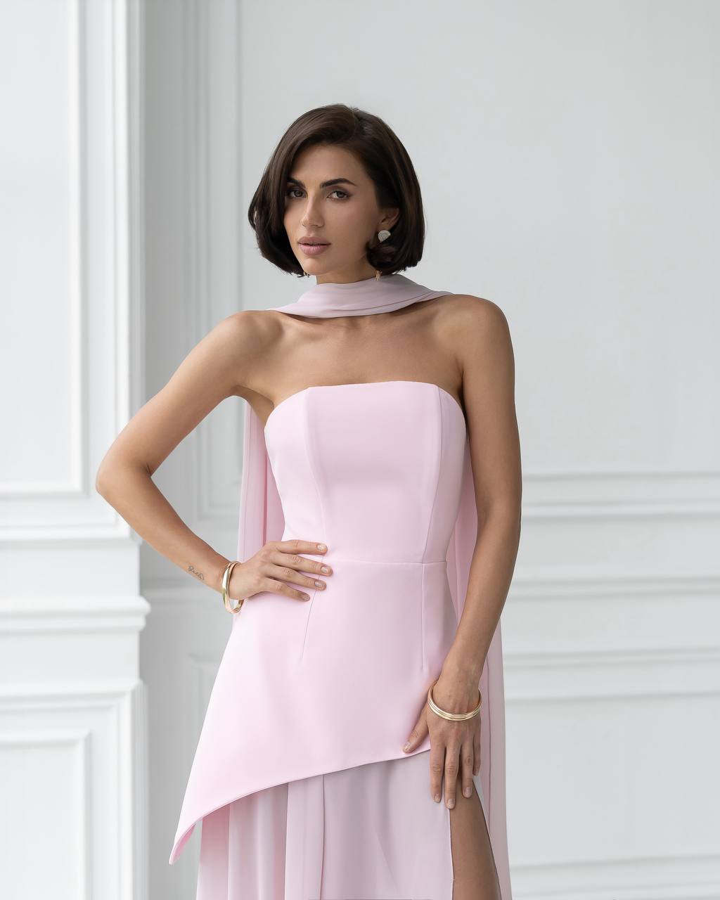 3 Piece Elegant Pink Wedding Bridal Set - Corset Style Dress, Chiffon Skirt and Scarf