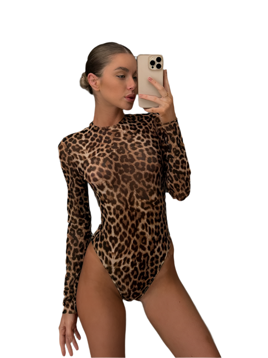 Person wearing a leopard print bodysuit taking a selfie.