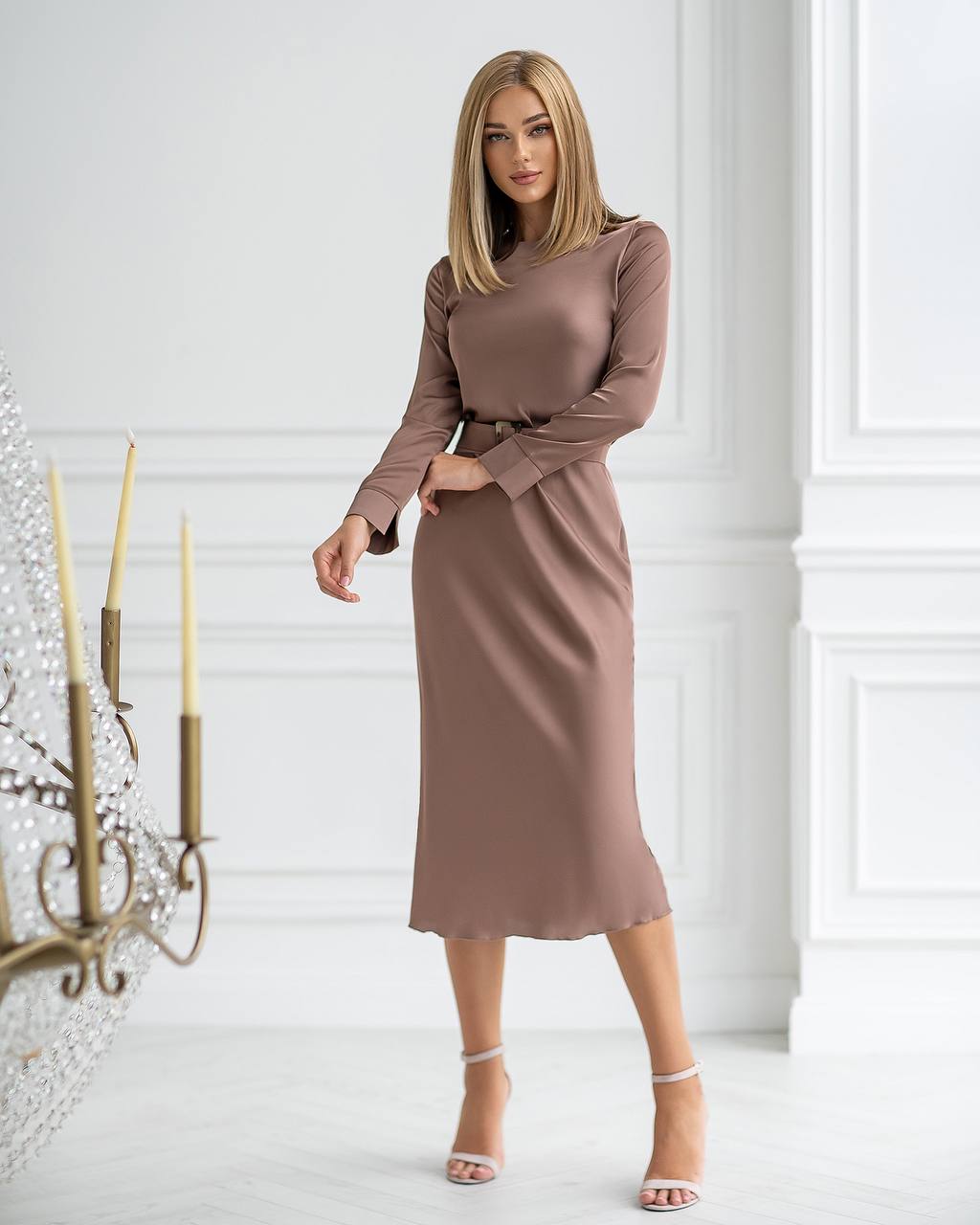 Elegant Silk Dress with Belt and Long Sleeves for Women
