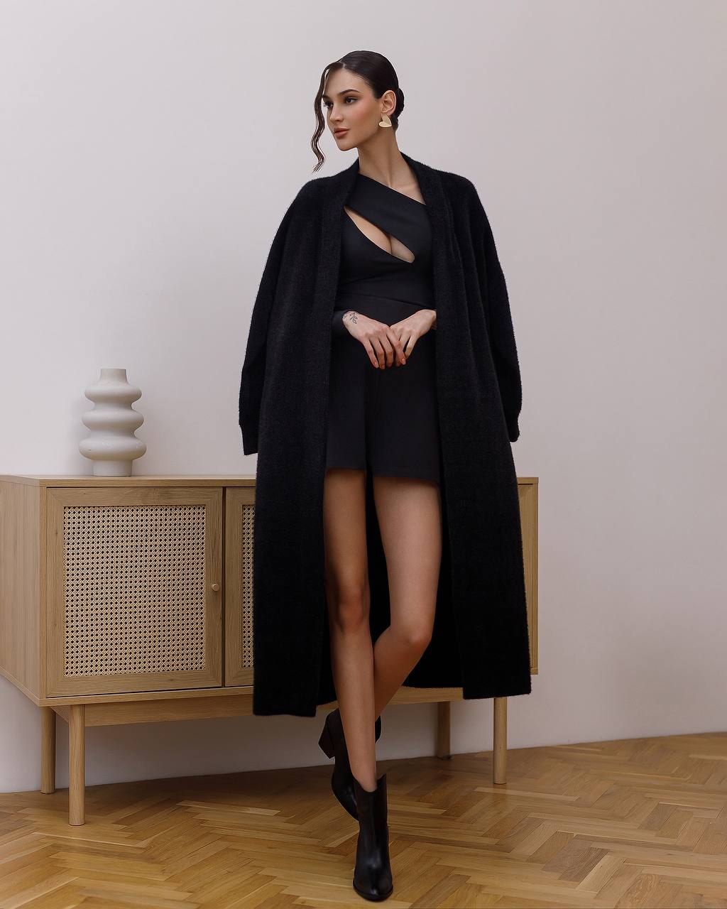 Silva Fluffy Black Long Cardigan with Belt for Women