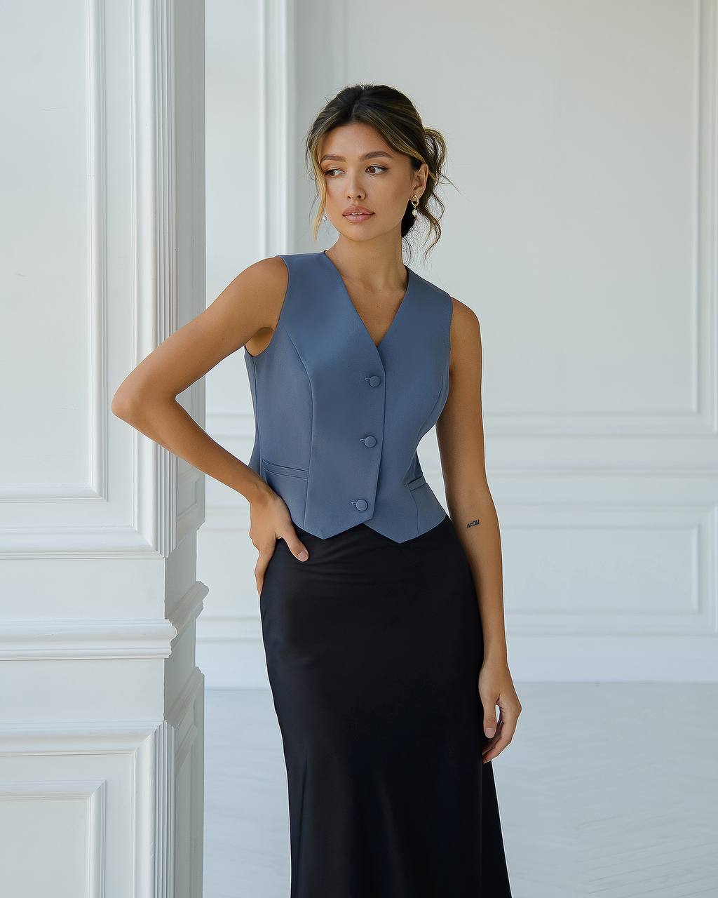 Premium Diagonal Crepe Waistcoat for Women in Dark Blue
