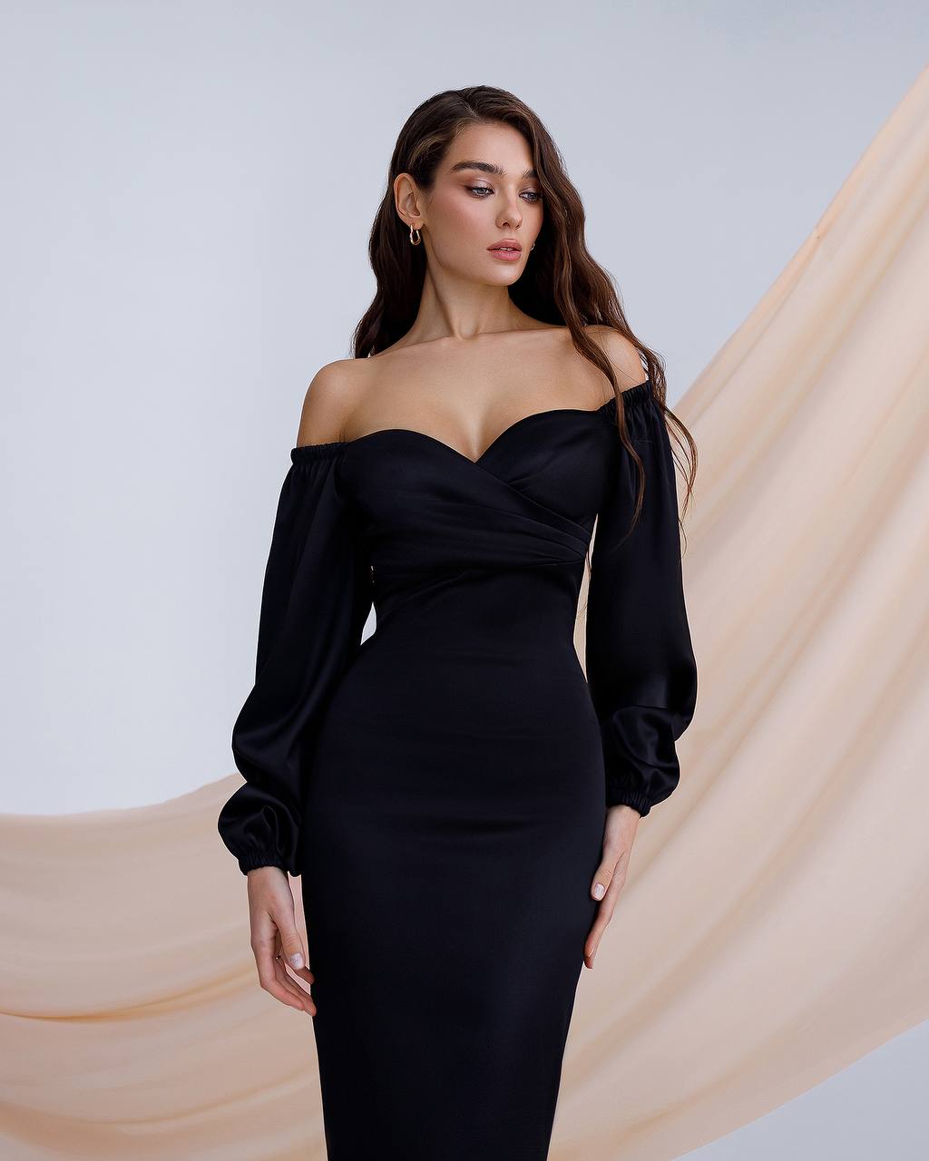 Elegant Off Shoulder Midi Dress in Mango Satin
