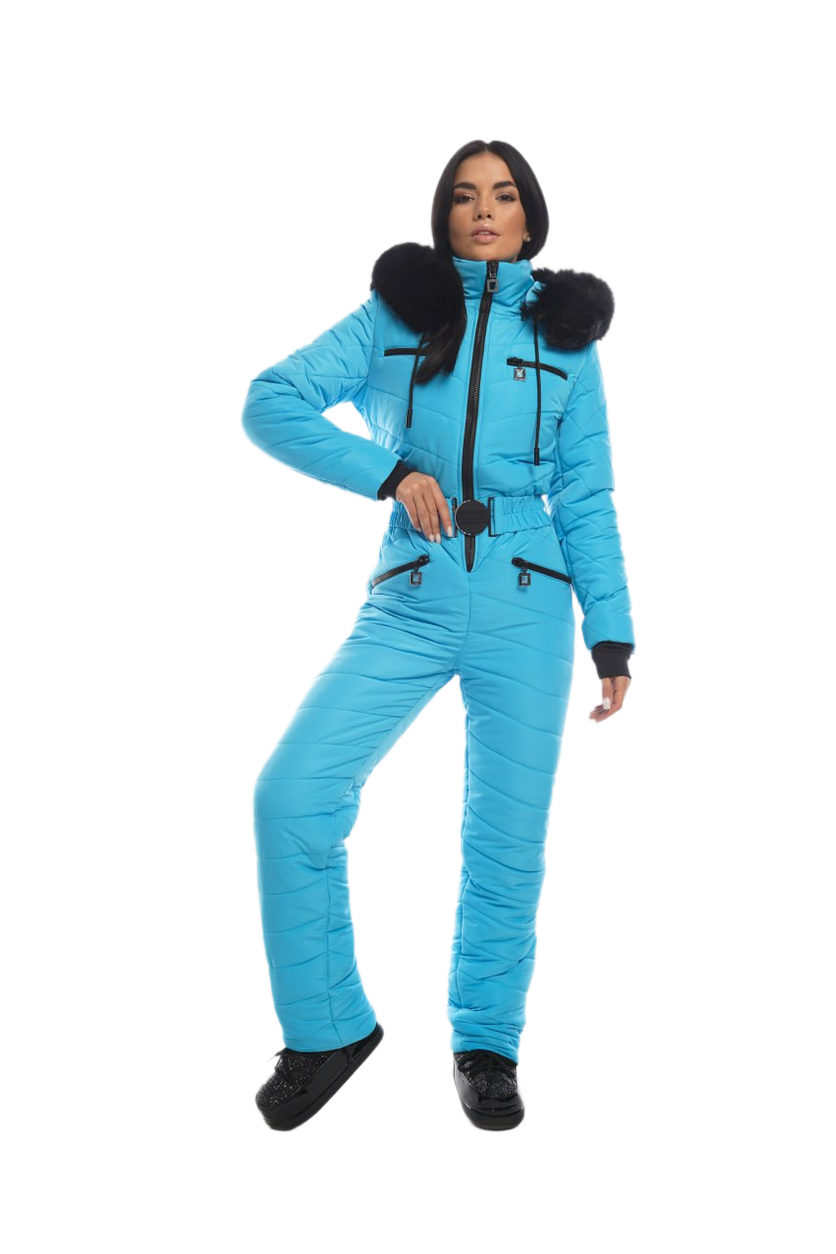Womens Insulated Ski Jumpsuit with Black Fox Fur Hood Trim