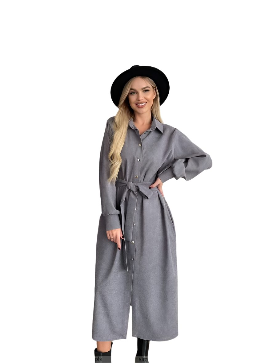 Grey Microvelvet Shirt Dress with Belt and Buttons