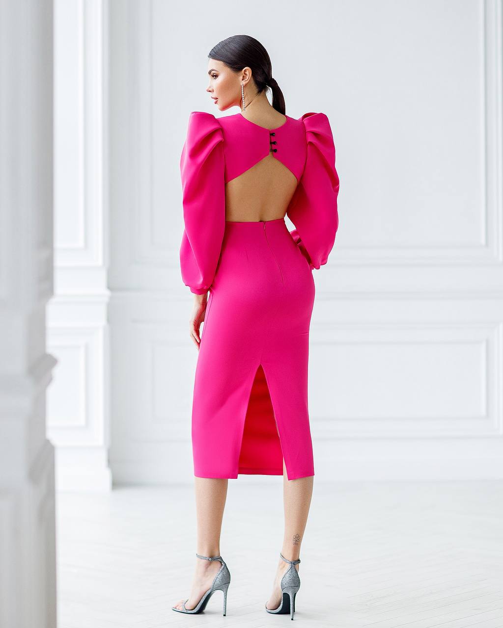 Elegant Midi Dress For Women In Premium Suit Diagonal Fabric
