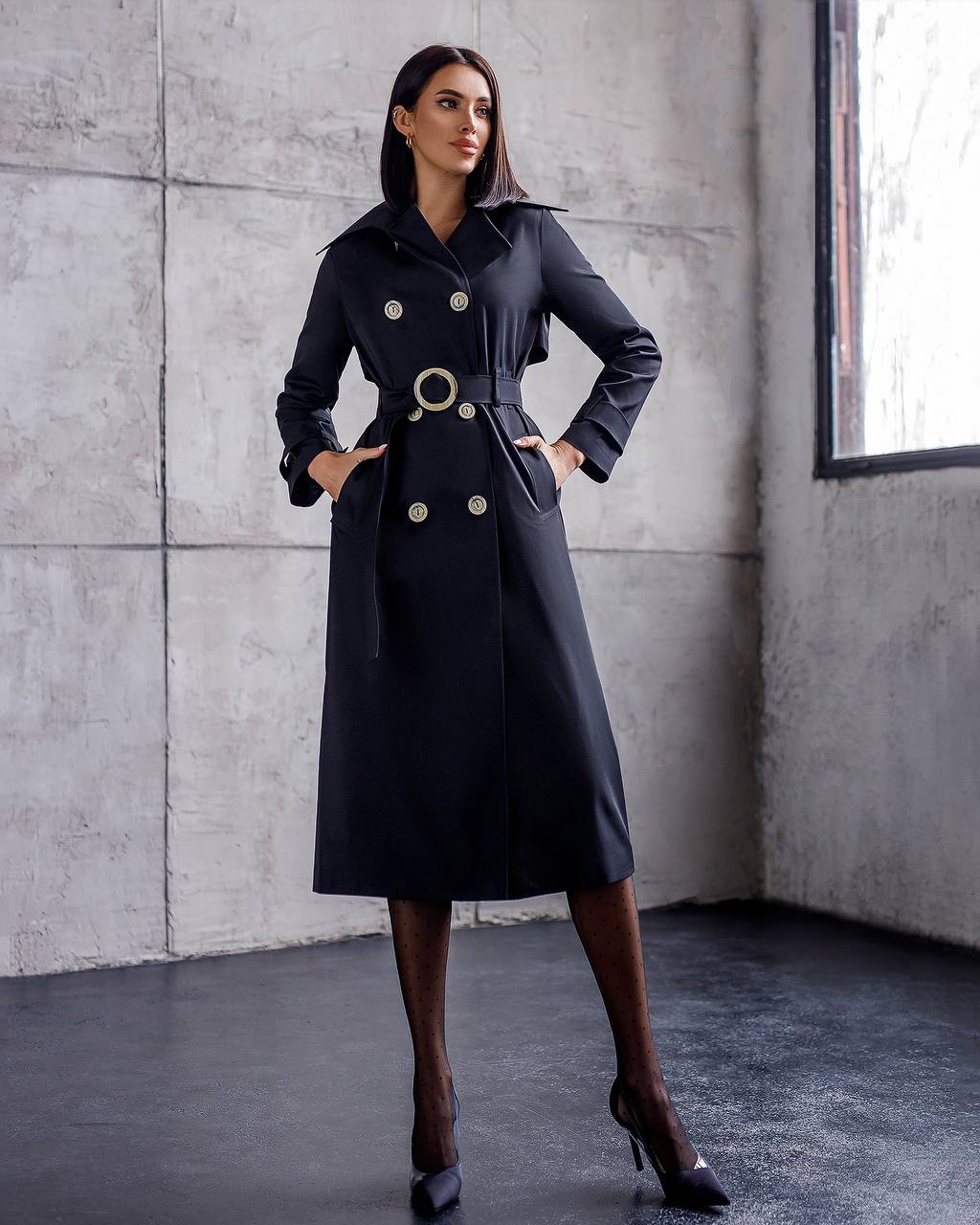 Stylish Black Trench Coat for Women with Belt and Pockets