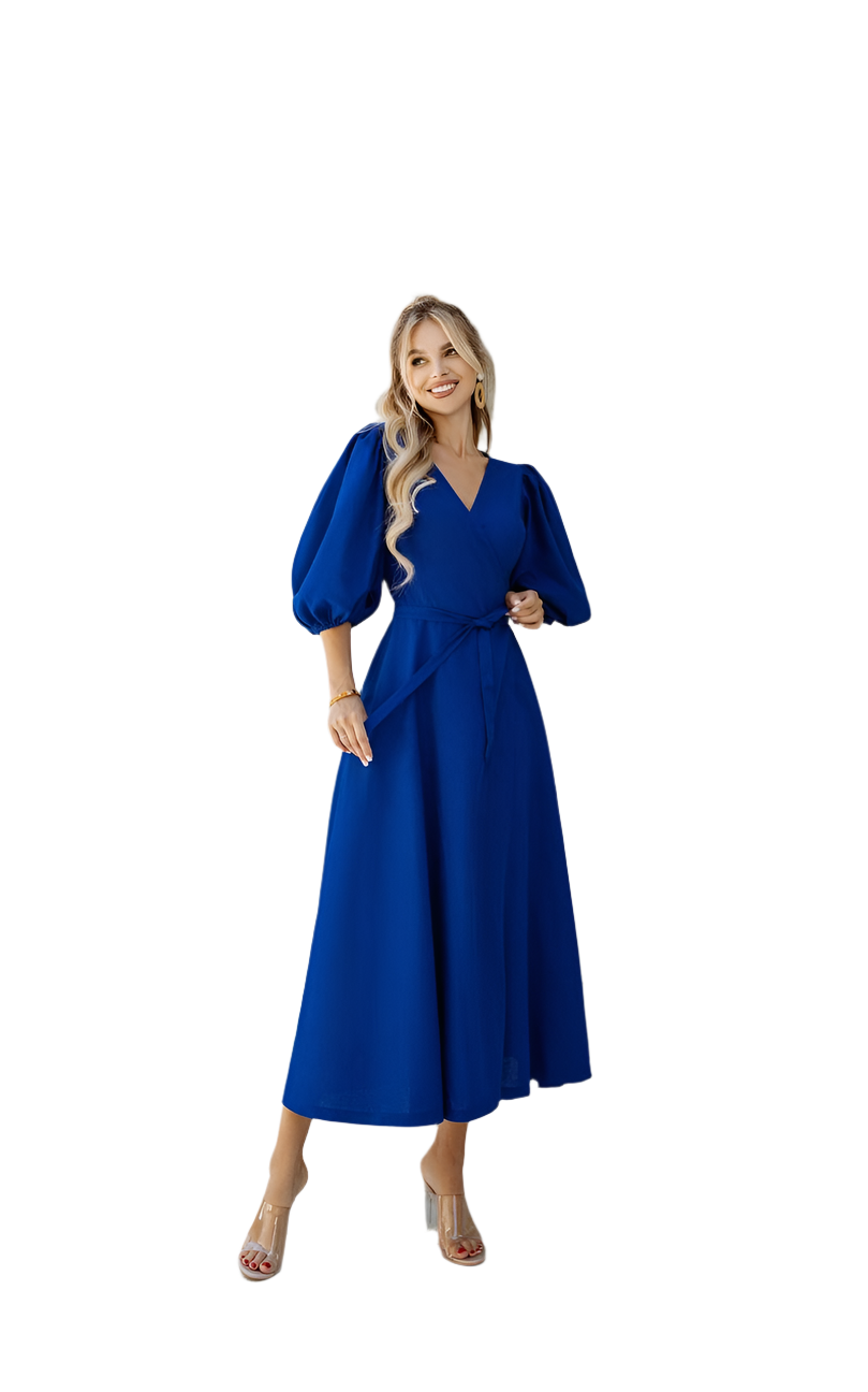 Blue Linen Sundress with Puff Sleeves and Waist Tie for Women