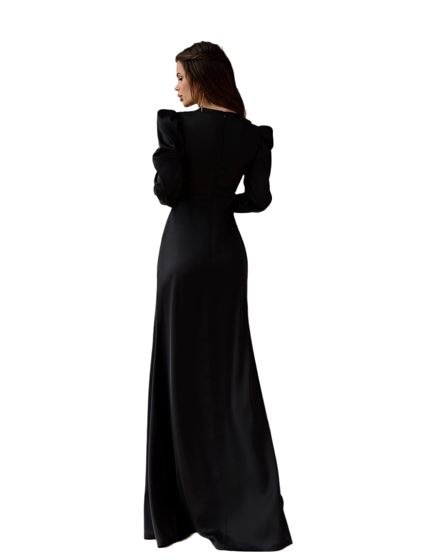Elegant Black Maxi Dress with Long Sleeves and Front Slit
