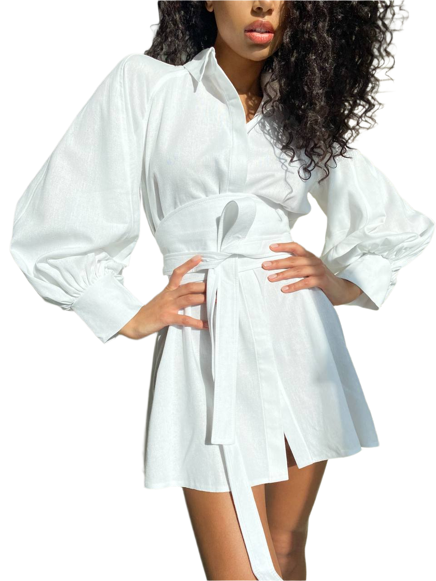 Women Linen Shirt Ketrin New with Tie Belt in Milk and Black