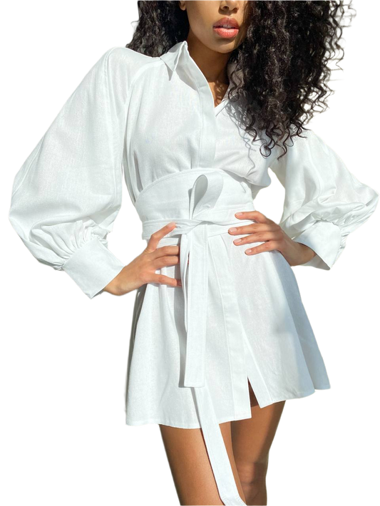 Women Linen Shirt Ketrin New with Tie Belt in Milk and Black