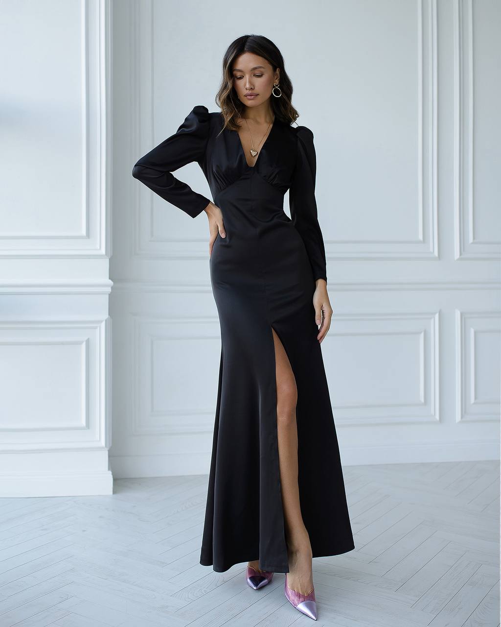 Elegant Black Maxi Dress with Long Sleeves and Front Slit