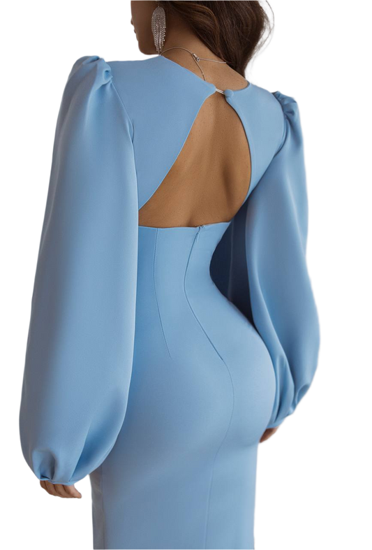 Blue dress with open back on a white background