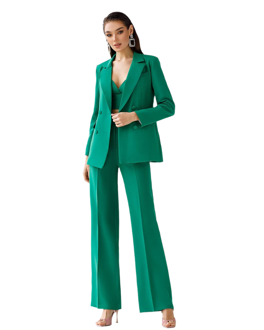 Three-Piece Prom Bridal Wedding Cocktail Graduation Womens Green Suit Jacket Top And Trousers Pantsuit Palazzo Pants