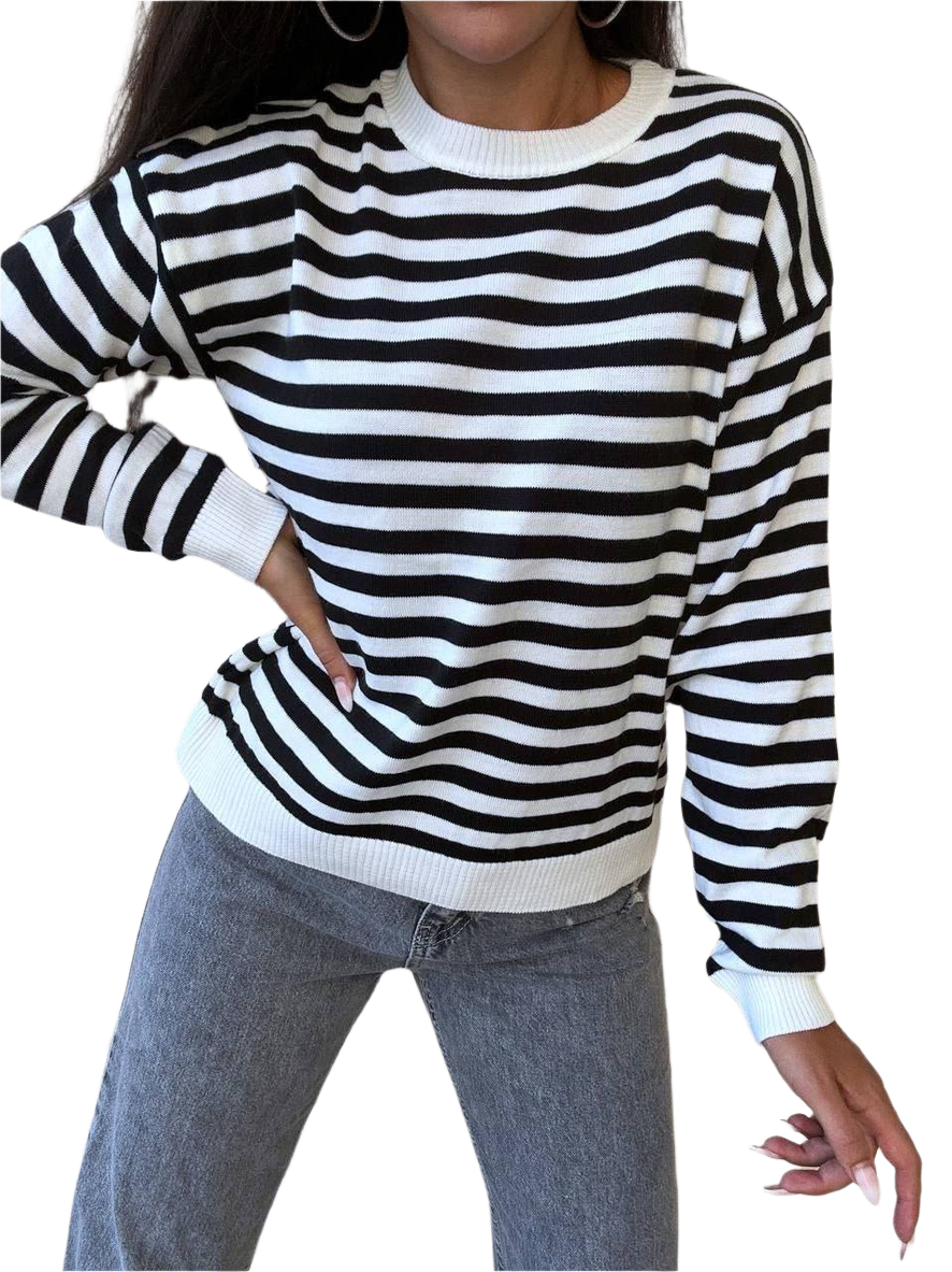 Womens Striped Knit Sweater Black White Crew Neck