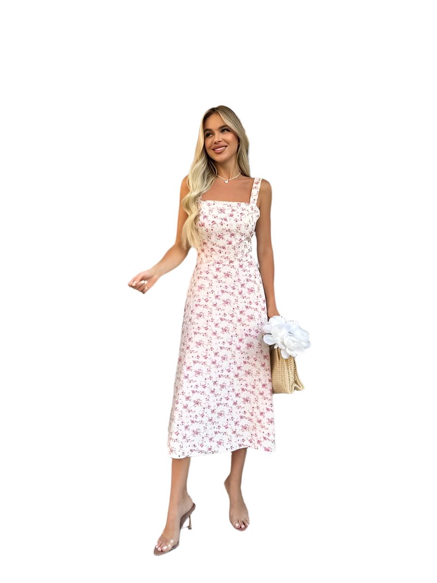 Floral Print Midi Dress with Square Neck and Open Back