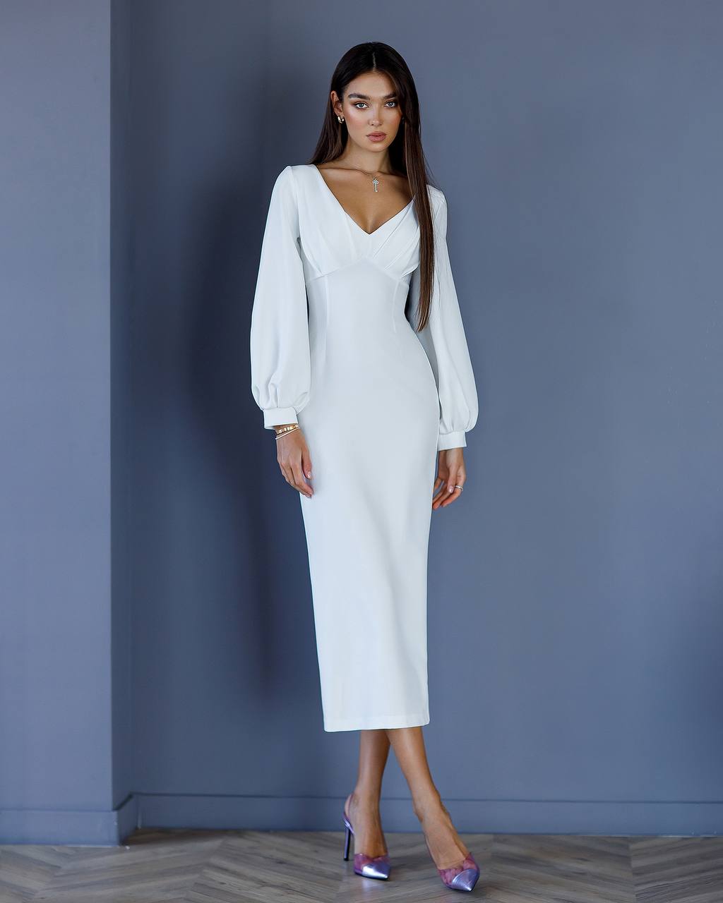 Elegant White Midi Dress for Women in Premium Suiting Crepe Fabric