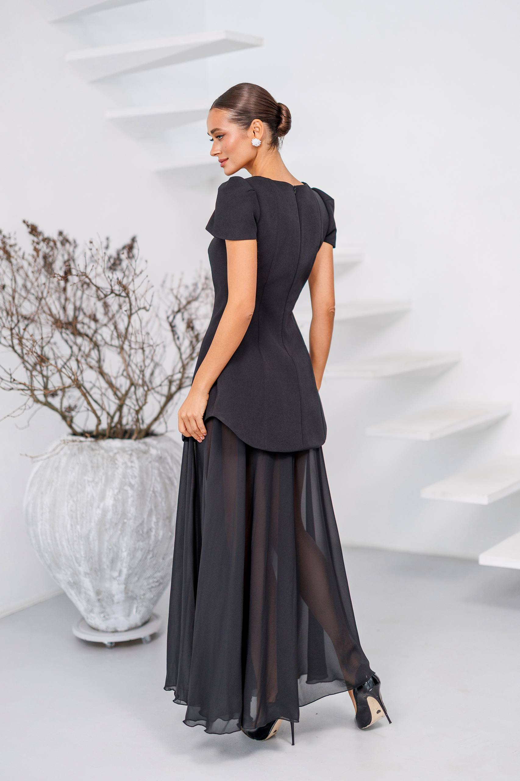 Black Peplum Evening Dress with Chiffon Skirt Diagonal Crepe Peplum Gown