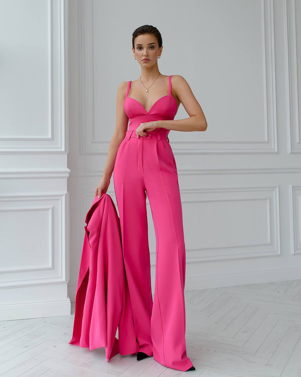 Prom Bridal Wedding Cocktail Graduation Pink Three-Piece Women Suit Jacket Top Trousers Pantsuit Palazzo Pants