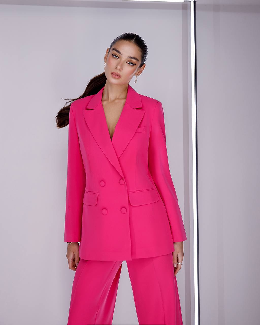 Prom Bridal Wedding Cocktail Graduation Pink Three-Piece Women Suit Jacket Top Trousers Pantsuit Palazzo Pants