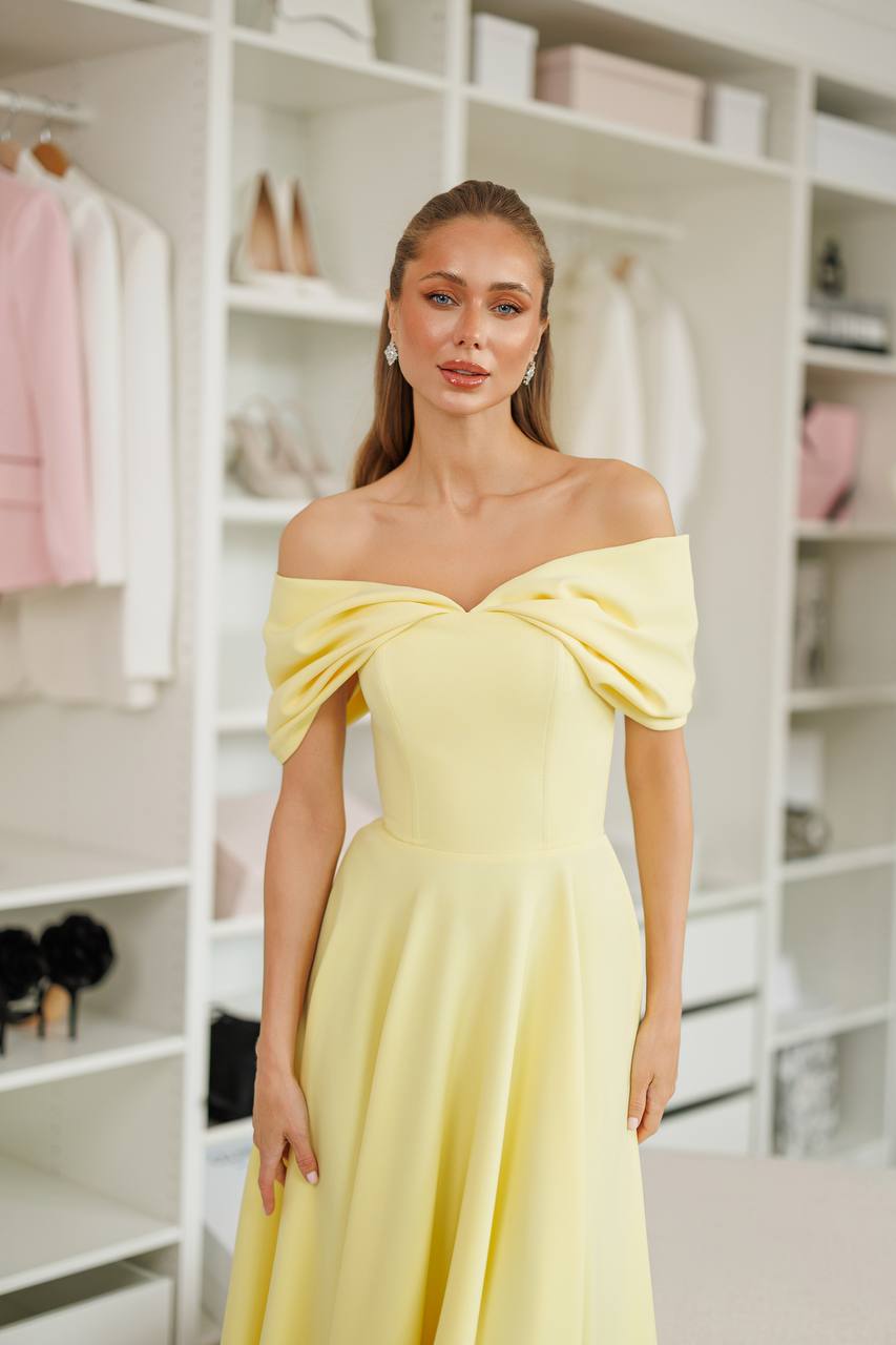 Elegant Off-Shoulder Yellow Diagonal Crepe Dress for Women