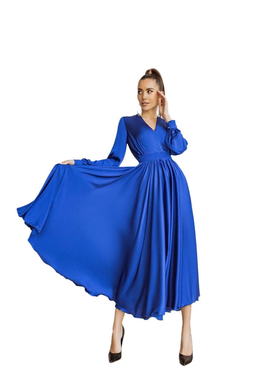 Elegant Royal Blue Long Sleeve Silk Dress for Women