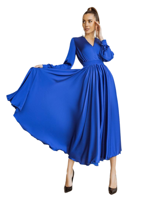 Elegant Royal Blue Long Sleeve Silk Dress for Women