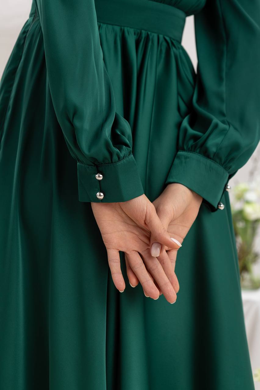 Green dress with long sleeves and a full skirt, held by hands.