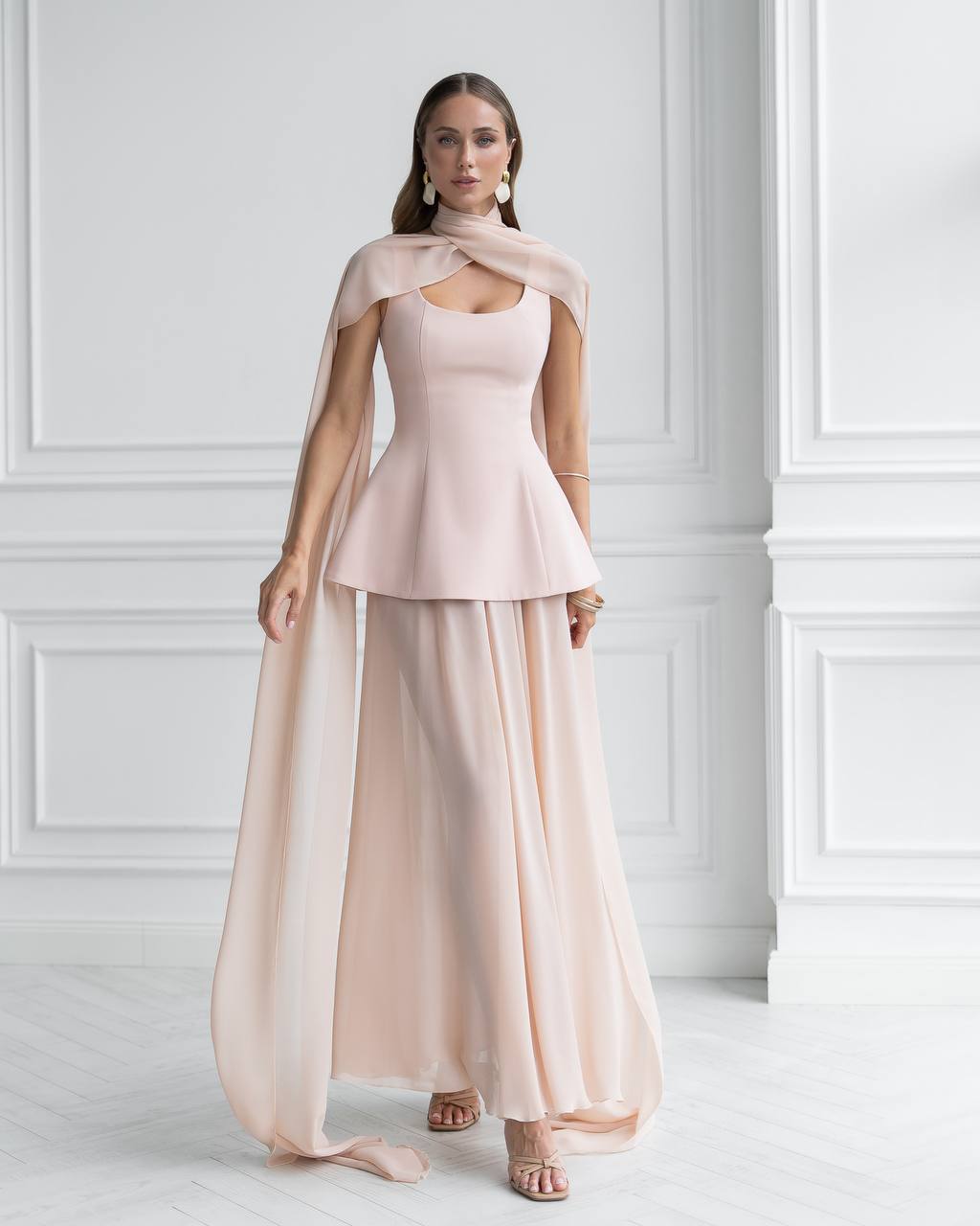 Elegant Corset Dress Set with Skirt and Cape in Premium Diagonal Suiting Crepe and Windy Chiffon