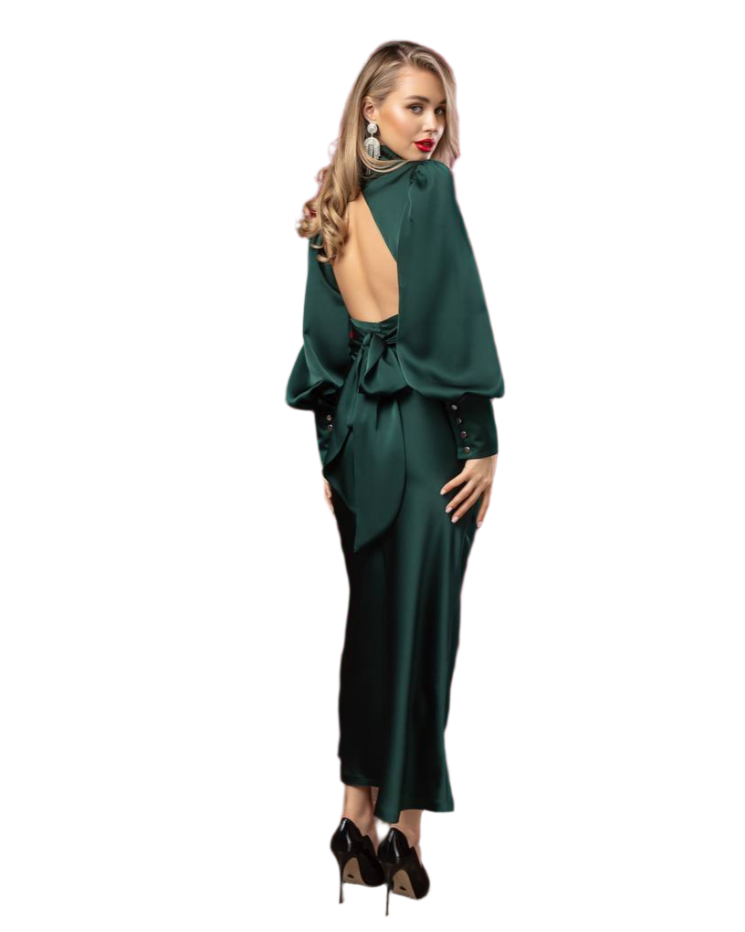Elegant Backless Satin Dress for Women in Emerald Green