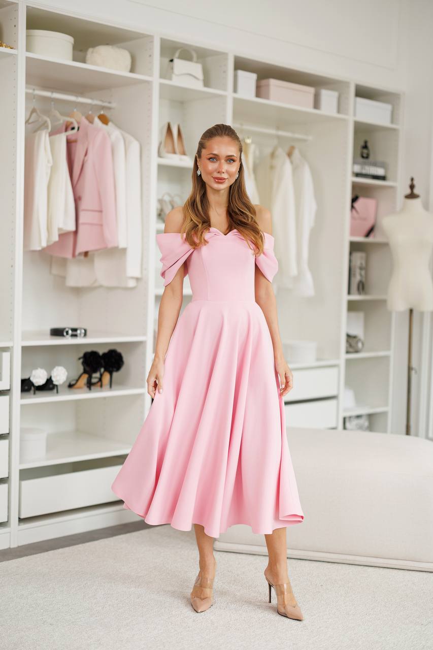 Elegant Off Shoulder Pink Midi Dress for Women
