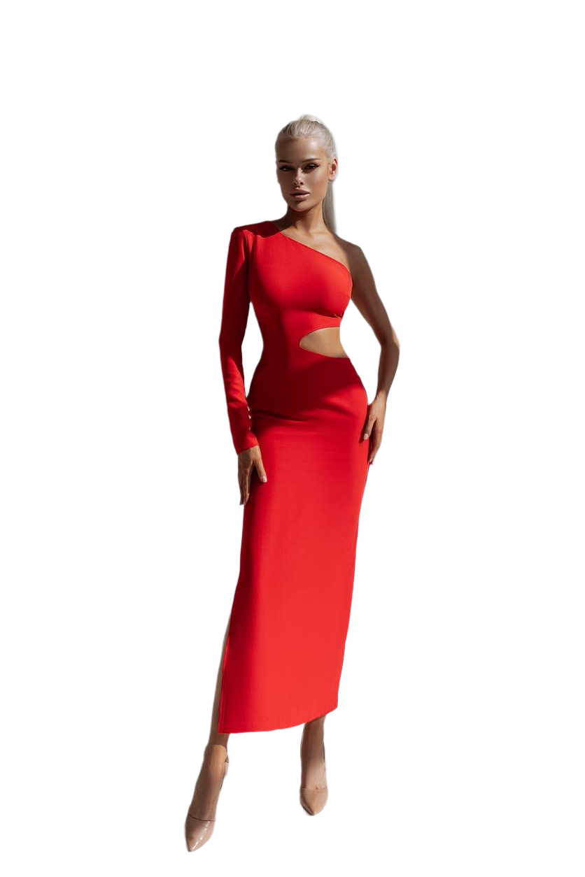 Asymmetric One Sleeve Cutout Midi Dress in Red Diagonal Crepe