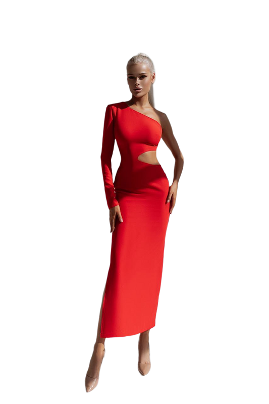 Asymmetric One Sleeve Cutout Midi Dress in Red Diagonal Crepe