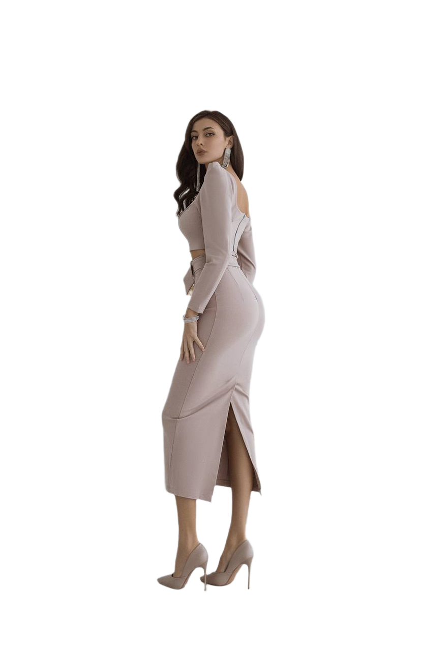 Woman wearing a light pink dress with cut-out shoulders on a white background