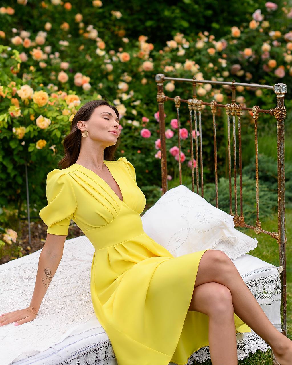 Elegant Yellow Midi Dress Women Premium Crepe Fabric