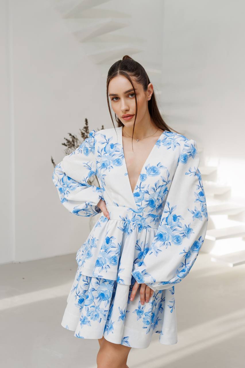 Woman wearing a white dress with blue floral patterns against a white background
