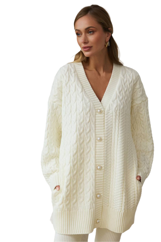 Womens Santa Cable Knit Cardigan with Pearl Buttons