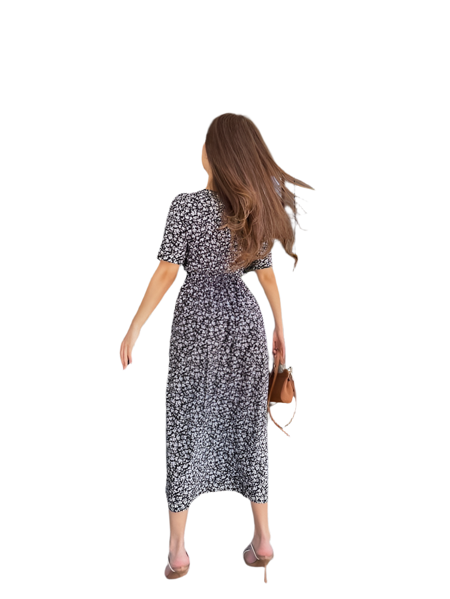 Lightweight Floral Midi Dress with Short Sleeves and Fitted Waist