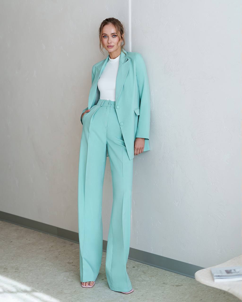 Elegant Polished Tiar and Lux Fabric Women's Suit in Tiffany Blue