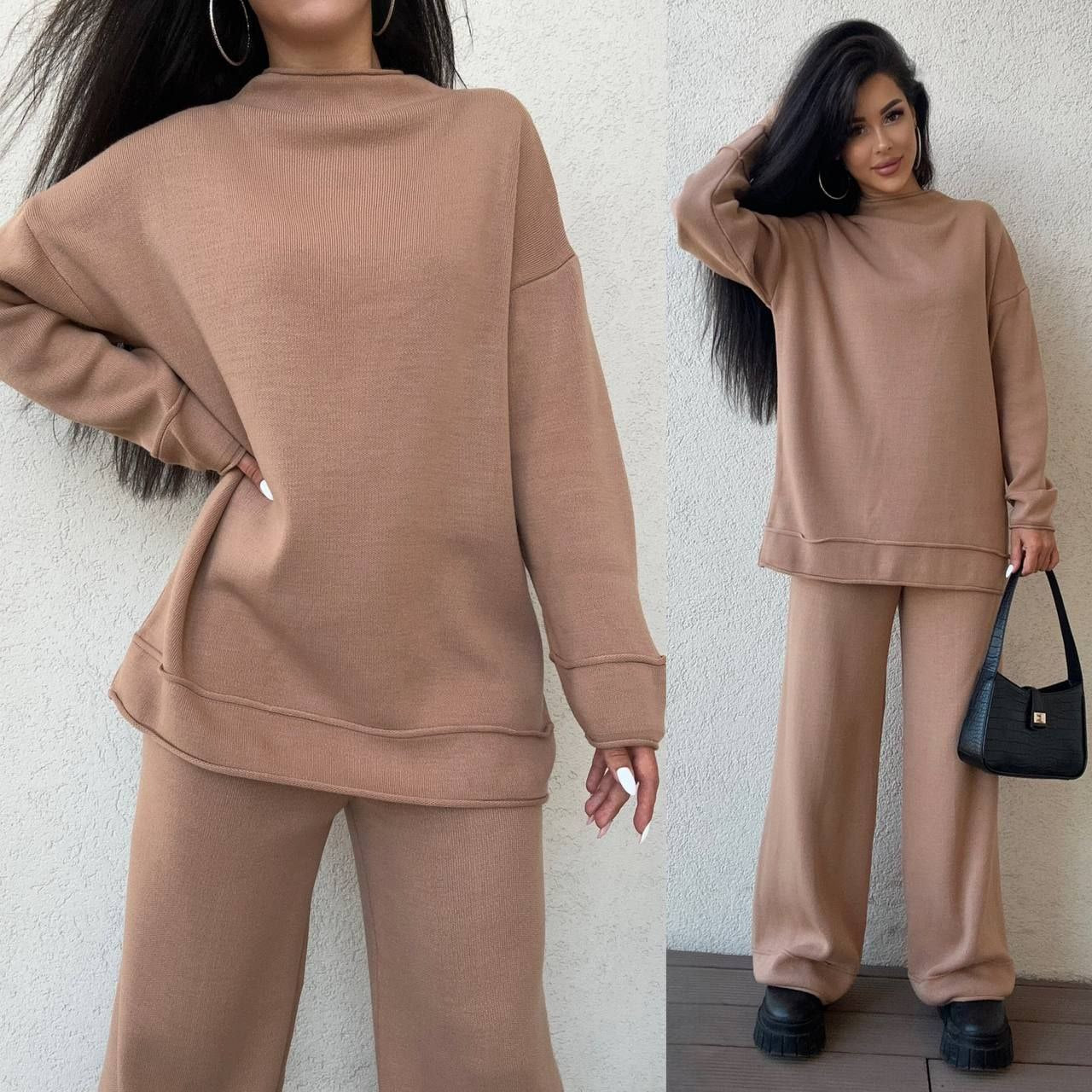 Brown tracksuit worn by a person against a neutral background