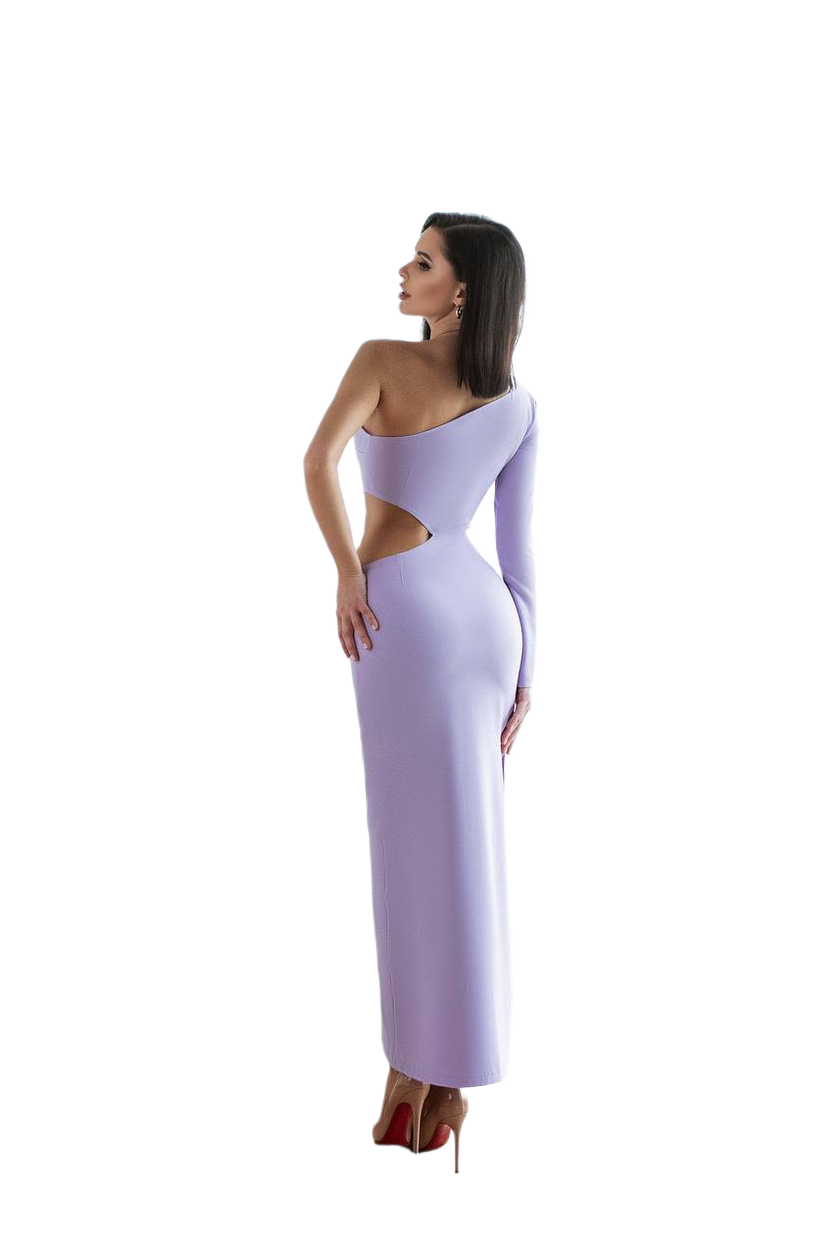 Woman wearing a lavender one-shoulder dress on a white background