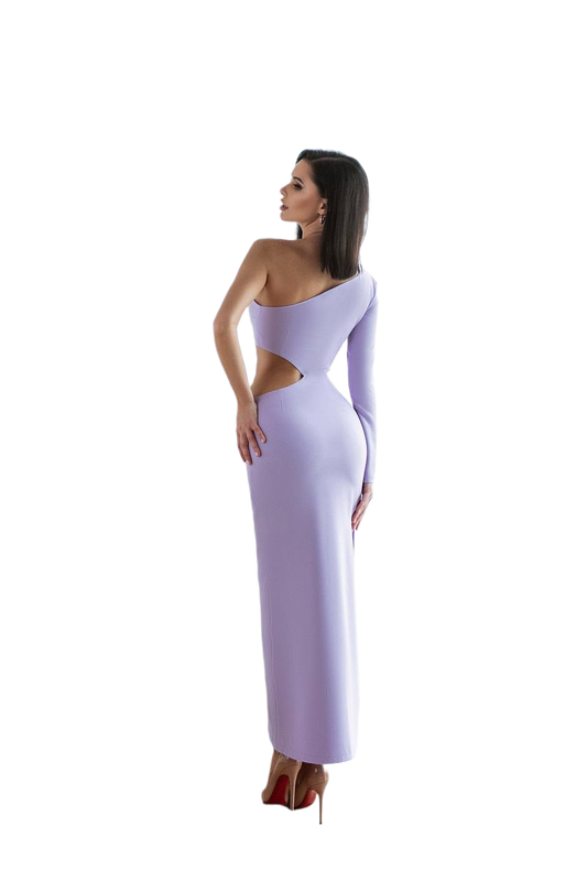 Woman wearing a lavender one-shoulder dress on a white background