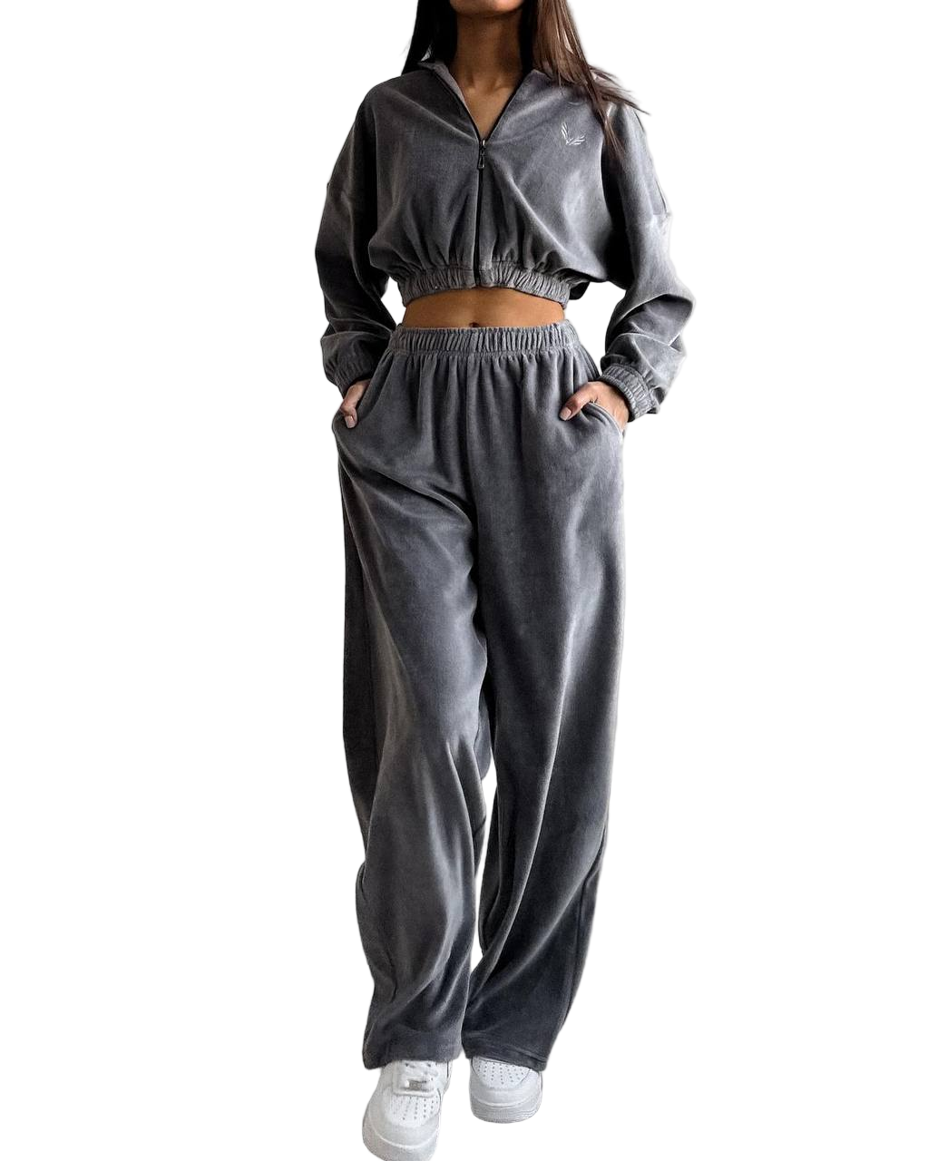 Plush Velour Oversized Tracksuit Set Grey High Waist Wide Leg