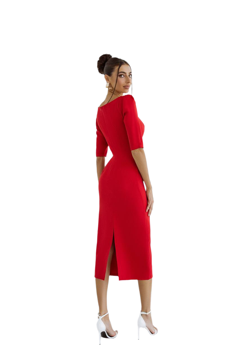 Woman wearing a red dress with a white background