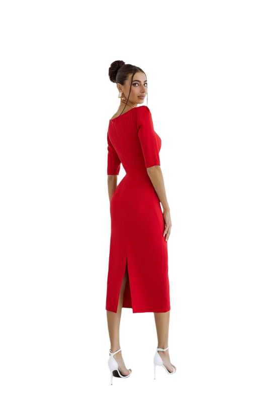 Woman wearing a red dress with a white background