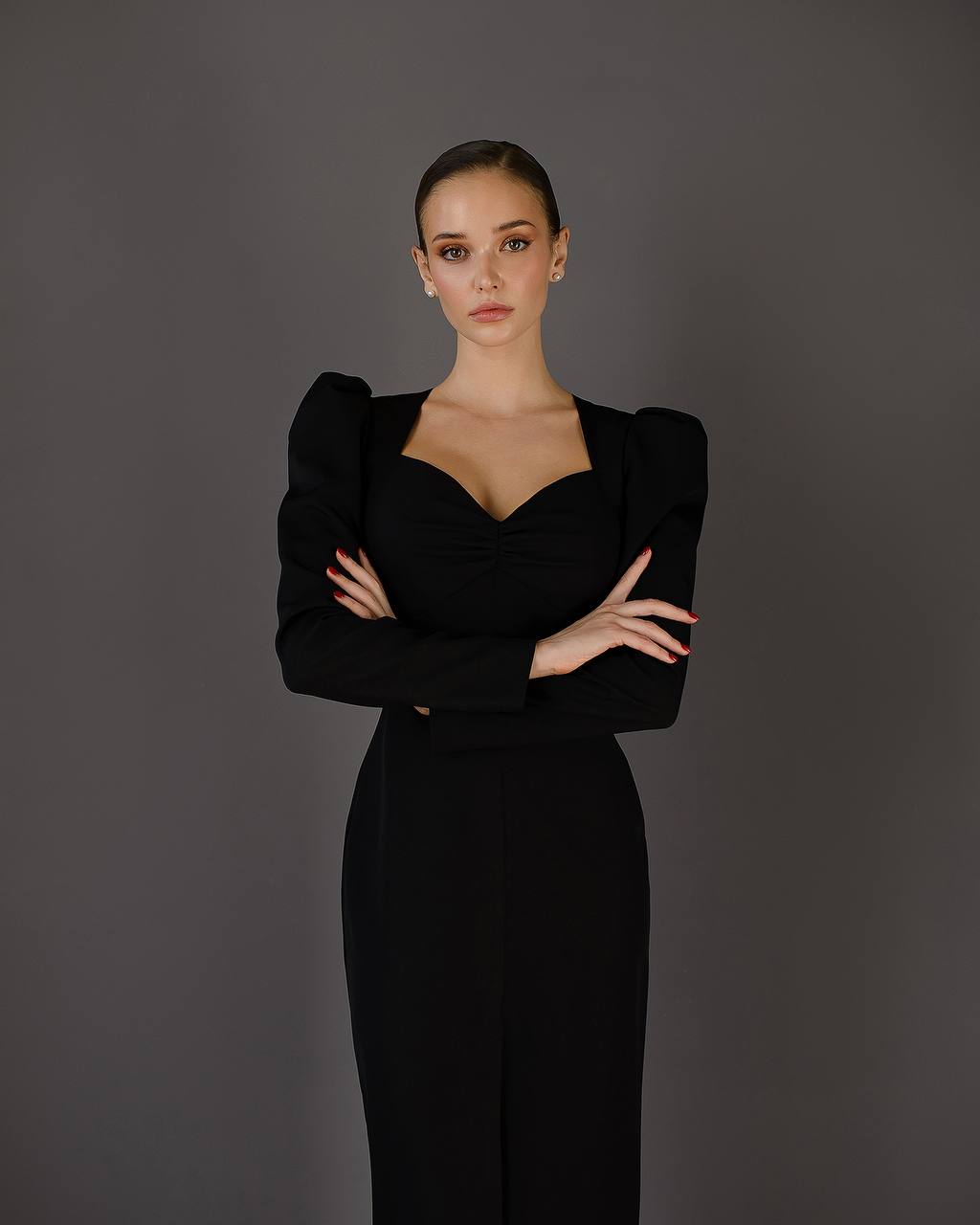 Elegant Black Midi Dress Women Puff Sleeve Crepe Diagonal Fabric