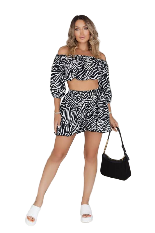 Woman wearing a zebra print outfit with a black handbag on a white background