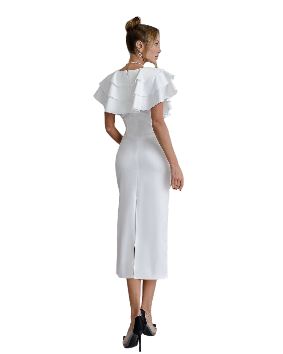 White dress with ruffled shoulders on a white background
